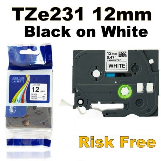 TZe231 Brother 12mm Black Text On White Tape - 8 metres Tonerink Brand TZe231 Brother 12mm Black Text On White Tape - 8 metres Tonerink Brand